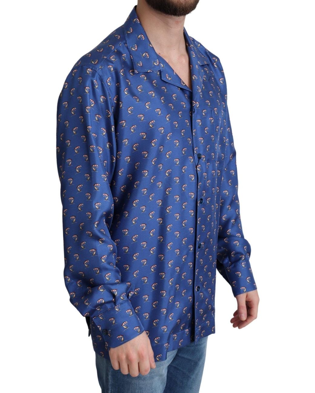 Dolce & Gabbana Blue Beach Chair Umbrella Print Silk Shirt for men