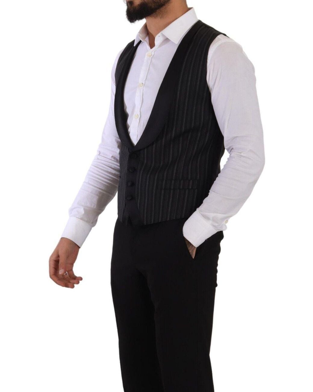 Dolce & Gabbana Black Dark Gray Striped Wool Silk Waistcoat Vest for men