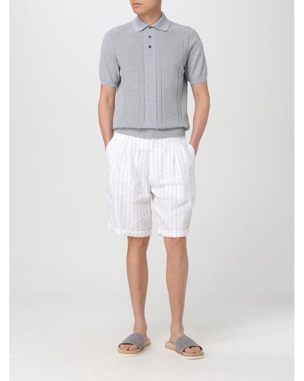 Brunello Cucinelli White Linen Striped Shorts for men