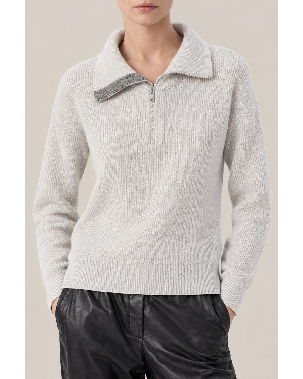 Brunello Cucinelli Gray Ice Wool Half Zip Sweater Clothing