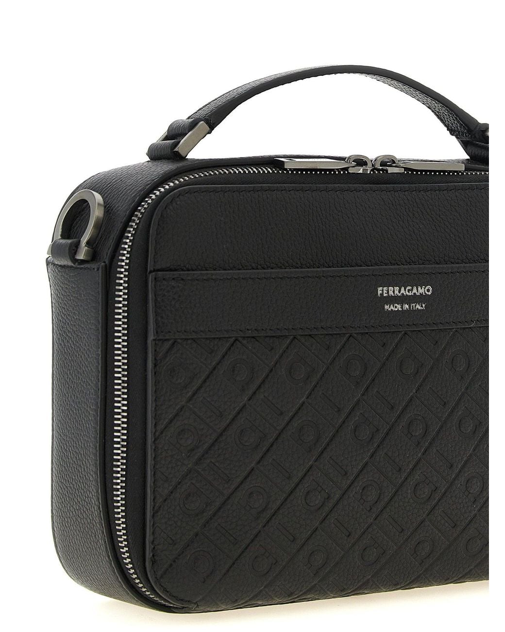Ferragamo Black Monogram-Embossed Leather Shoulder Bag for men