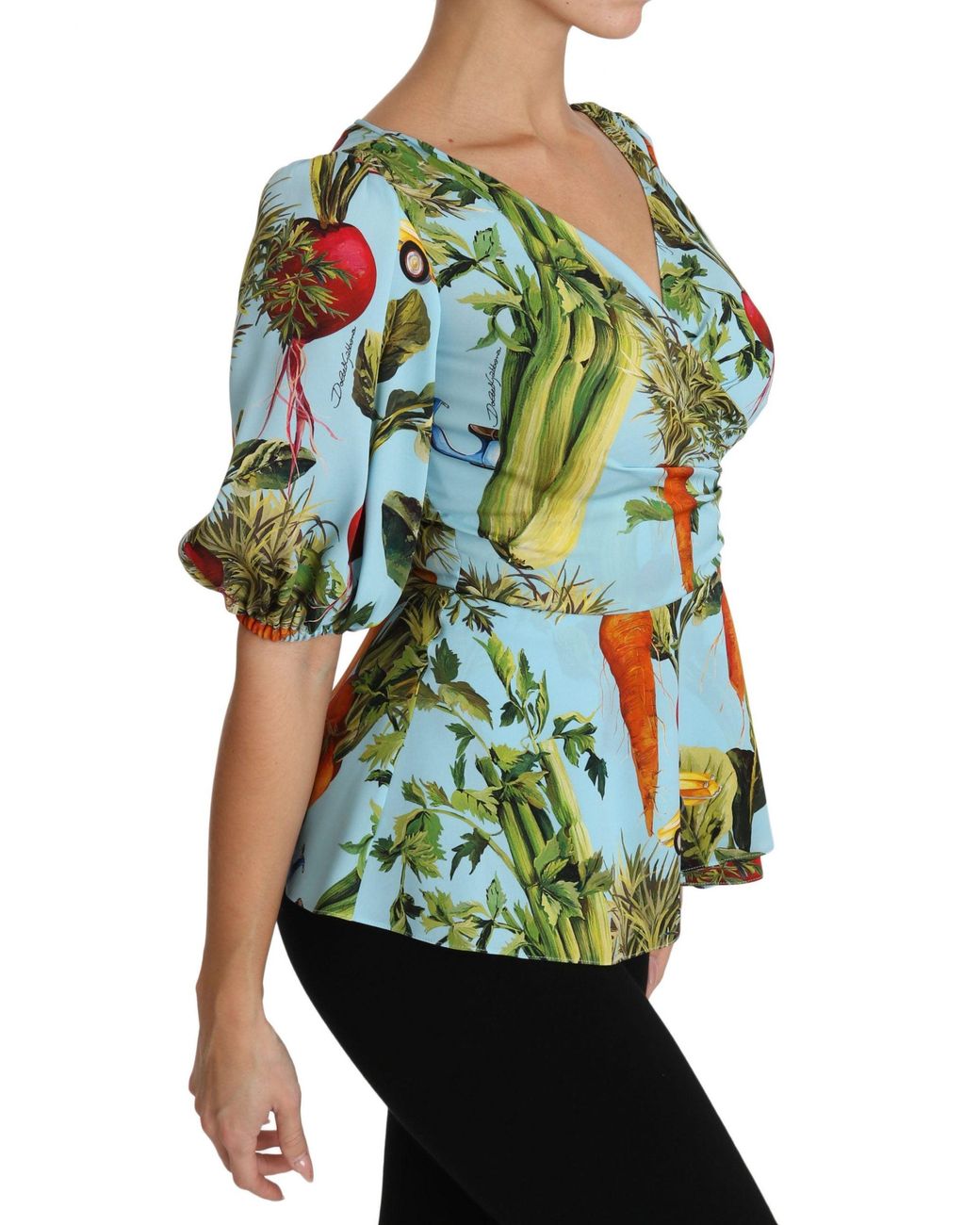 Dolce & Gabbana Blue Dolce & Gabbana Vegetable Print Silk Blouse