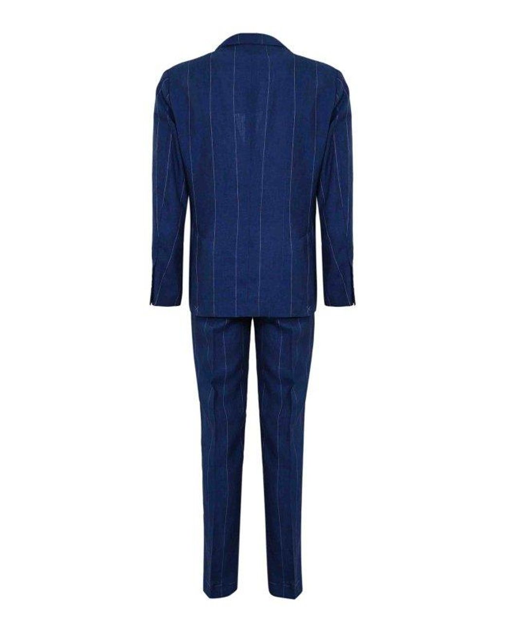 Brunello Cucinelli Blue Linen Pinstripe Suit for men