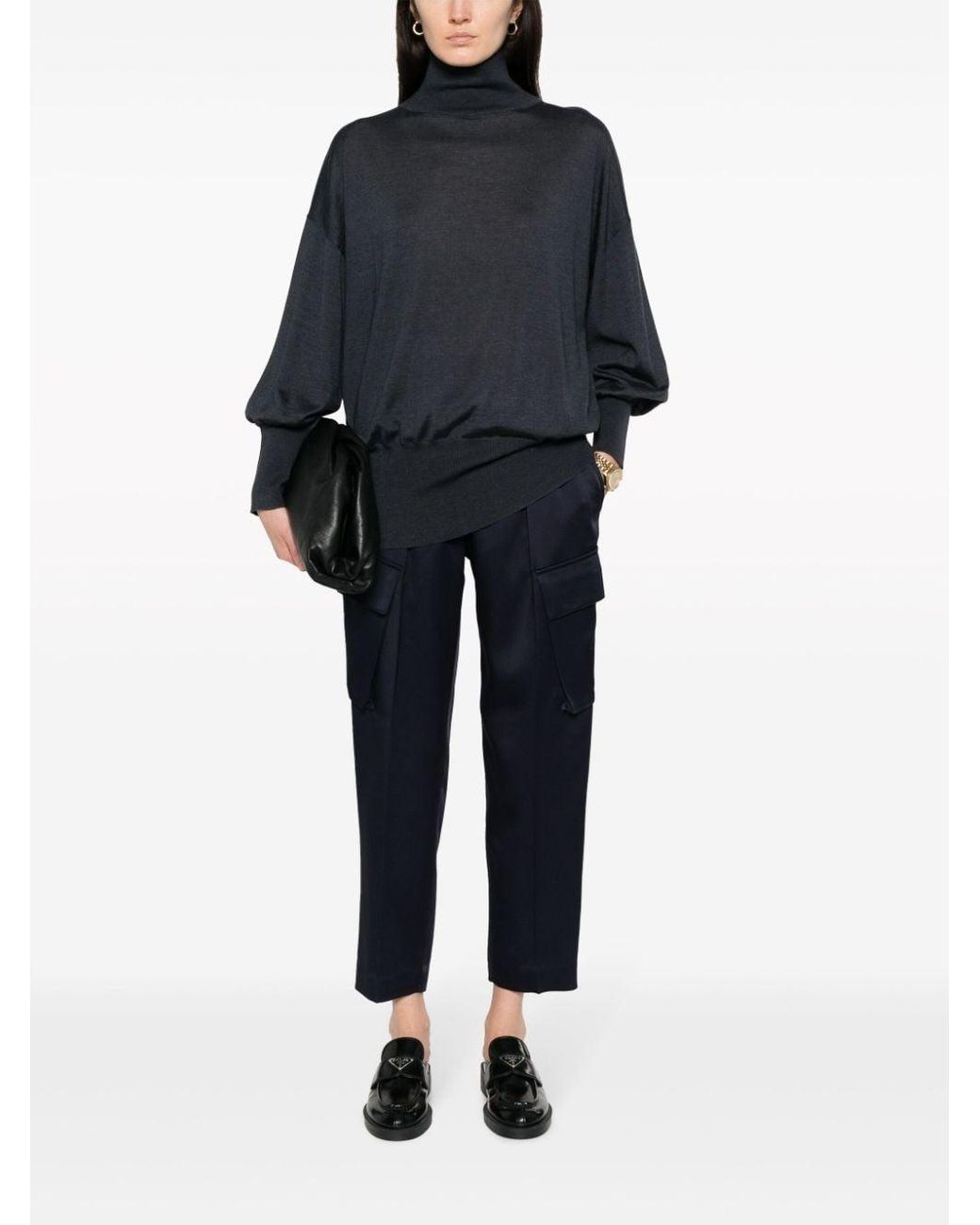Brunello Cucinelli Blue Dark Wool Silk Mock Neck Shirt