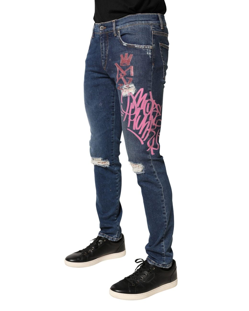 Dolce & Gabbana Blue Distressed Graffiti Print Skinny Jeans Cotton Elastane Clothing for men