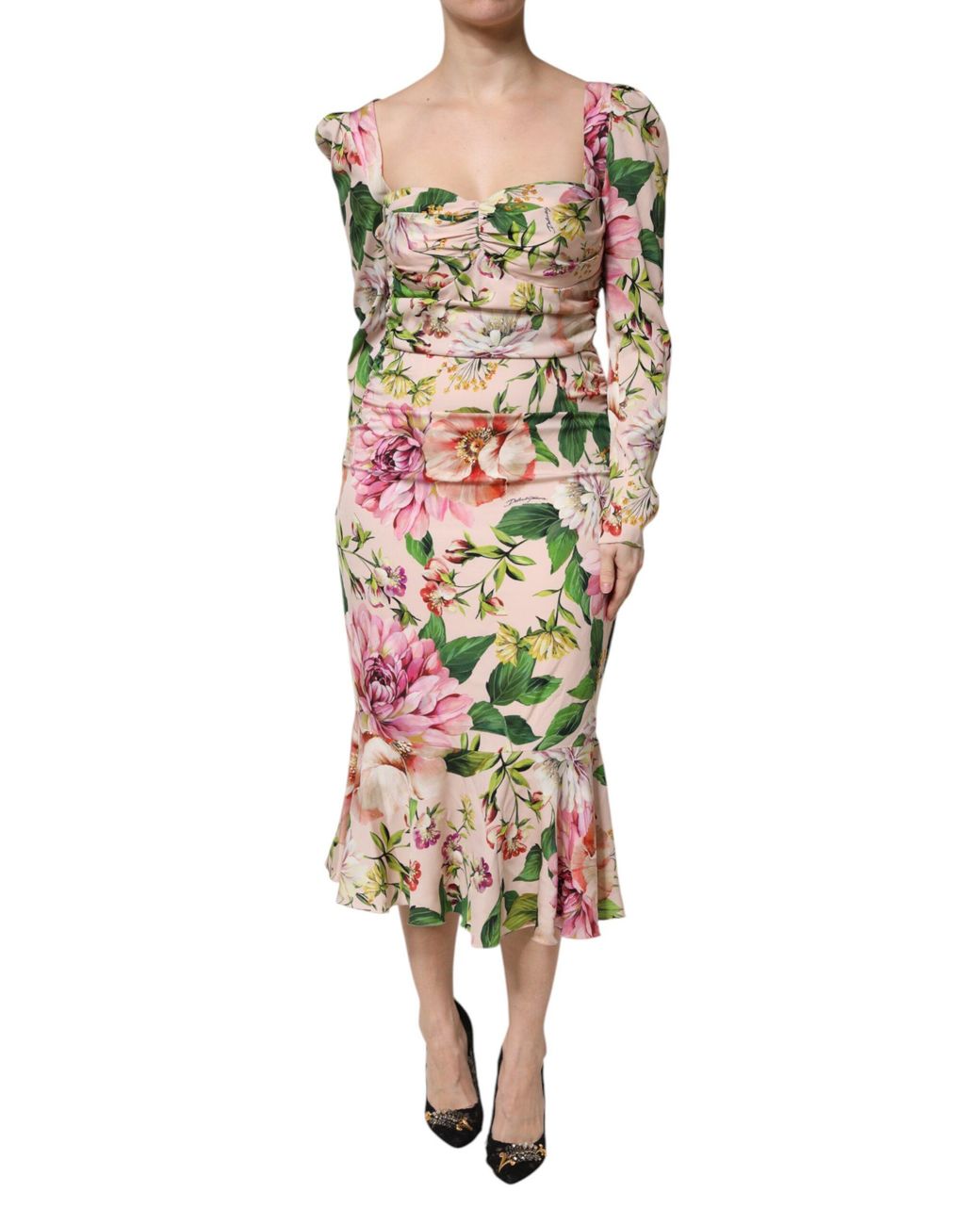 Dolce & Gabbana White Floral Silk Fit And Flared Midi Dress