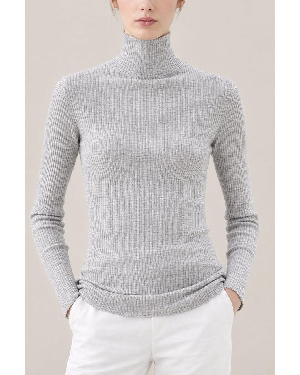 Brunello Cucinelli Gray Light Wool Silk Ribbed Turtleneck Sweater Clothing