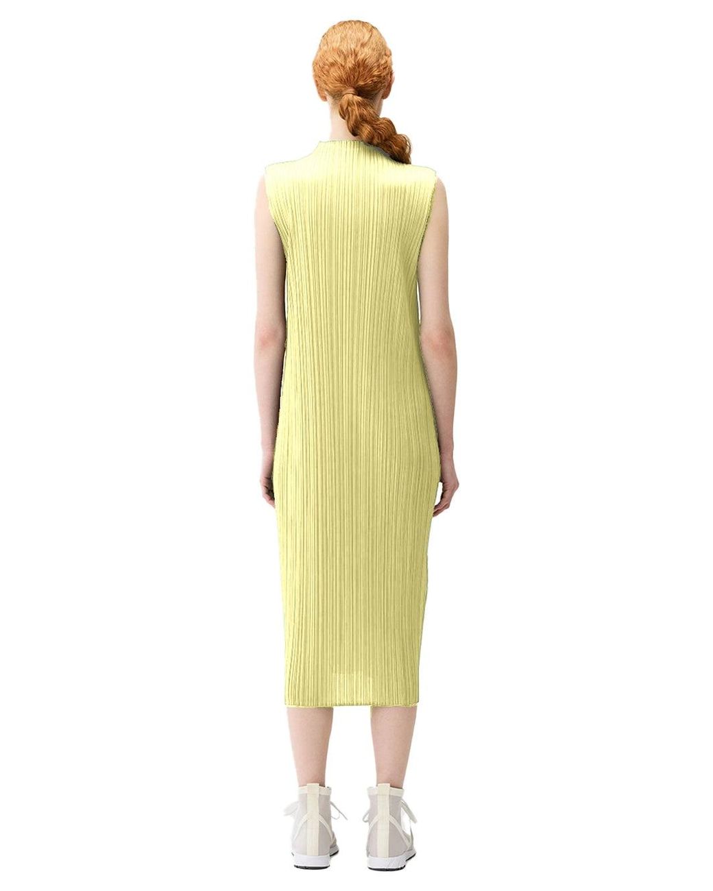 Issey Miyake Yellow Pleats Please High-Neck Dress Pale