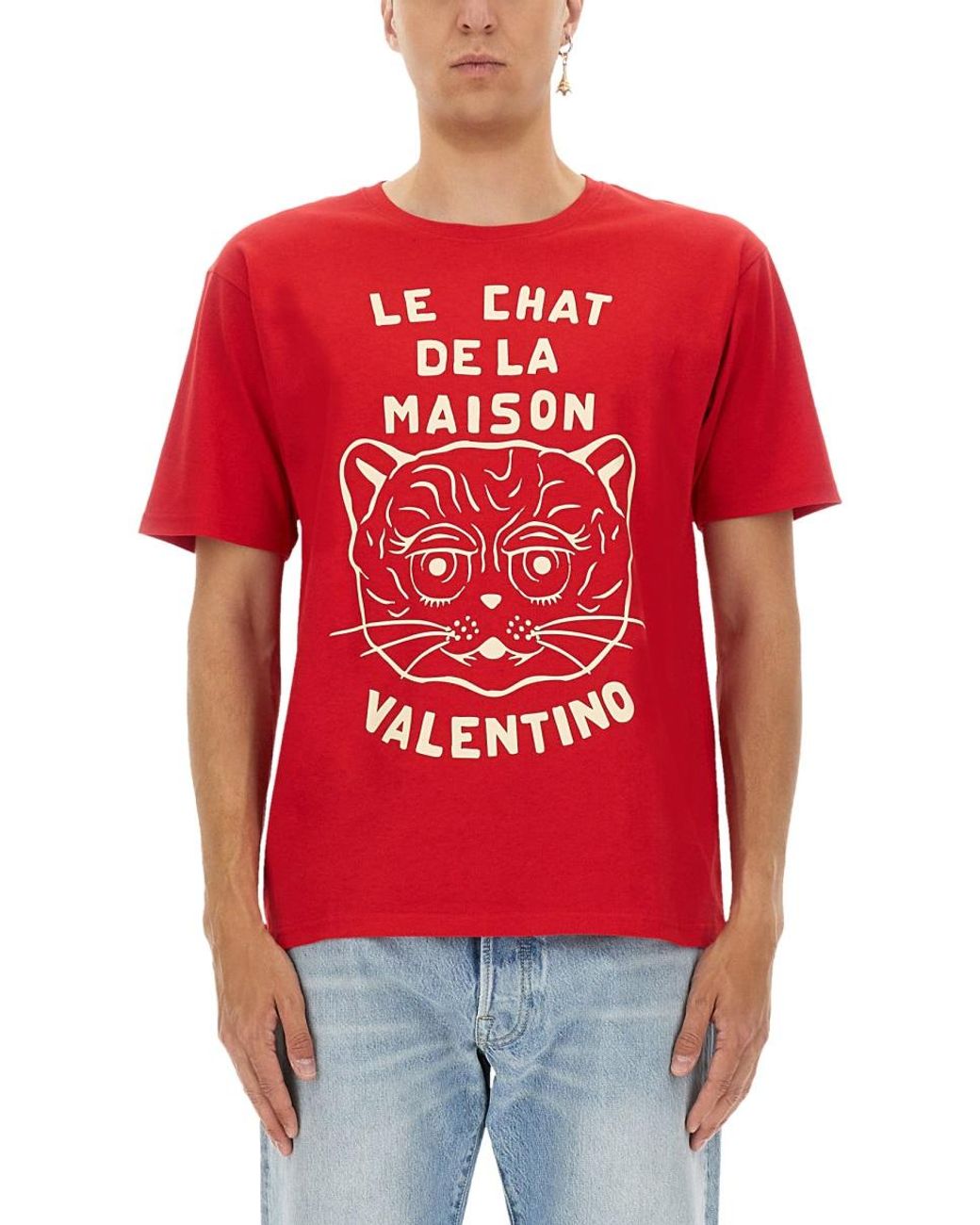 Valentino Red T-Shirt With Chat De La Maison Print Cotton T-Shirts for men