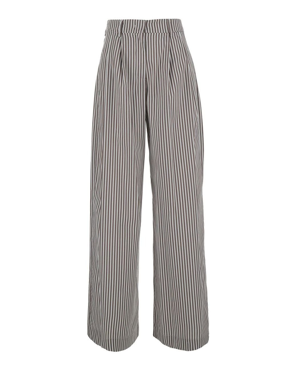 Le Plain Gray Striped Pants With Pockets And High Waist Tech Fabric Trousers