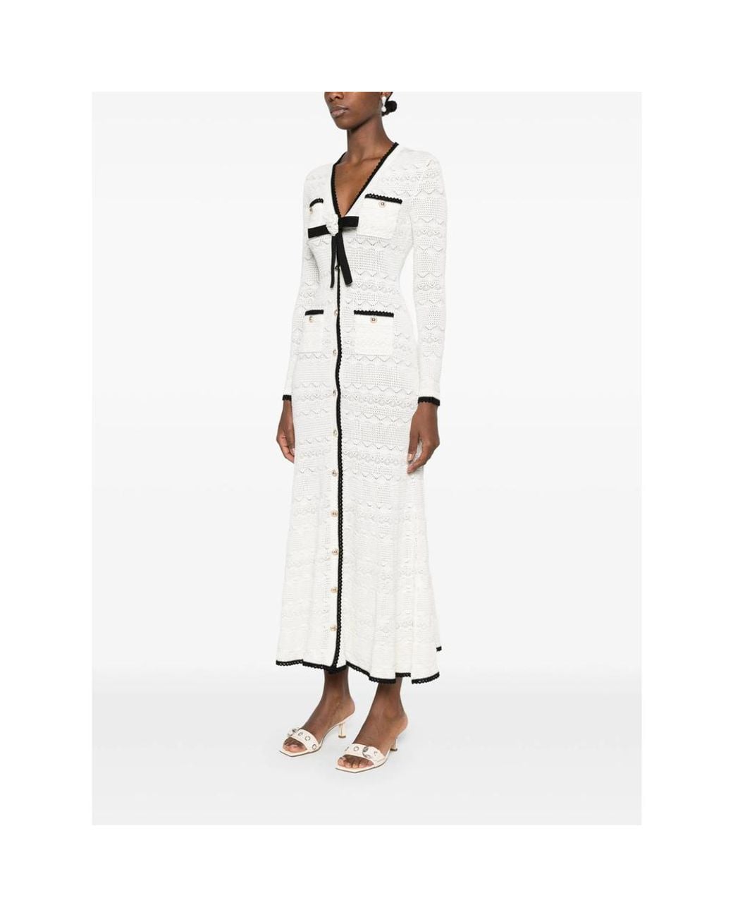 Self-Portrait White Sweater V-Neck Pointelle Knit