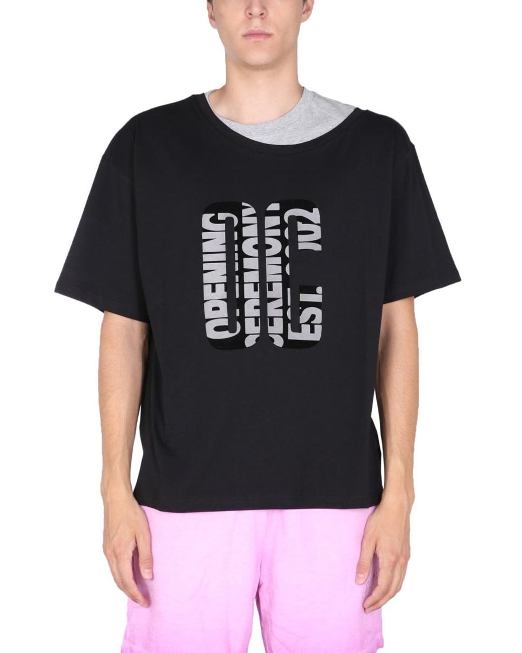 Opening Ceremony Black Double Collar T-Shirt Cotton T-Shirts for men