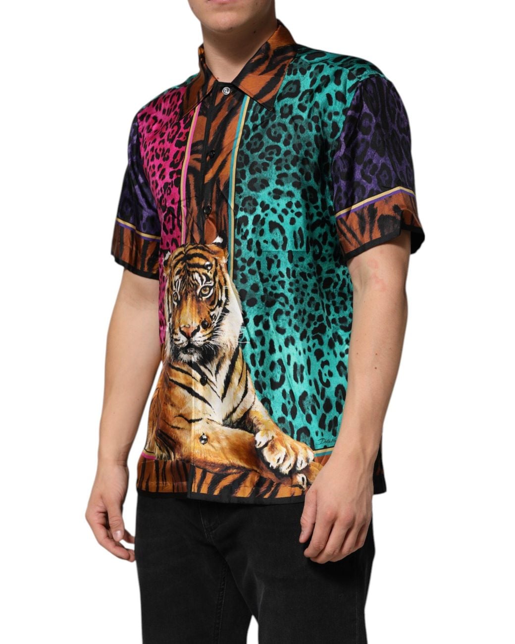 Dolce & Gabbana Black Silk Tiger Print Hawaiian T-Shirt for men