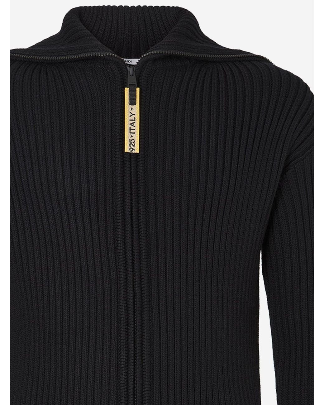 Fendi Black Wool Cardigan With Logo Sweater for men