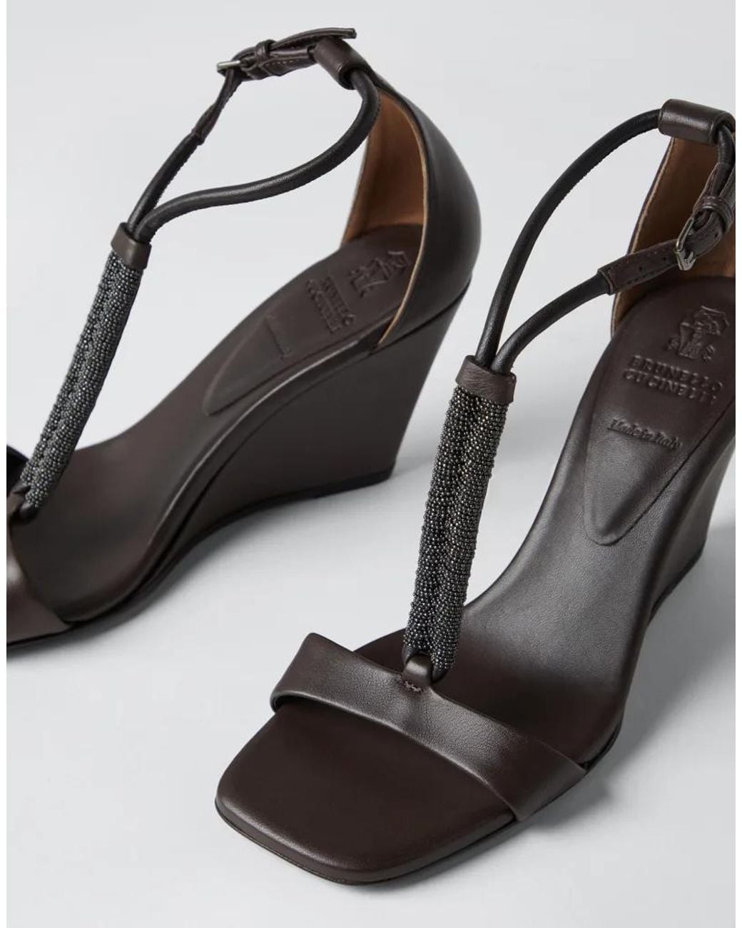 Brunello Cucinelli White Dark Leather Wedge Sandals