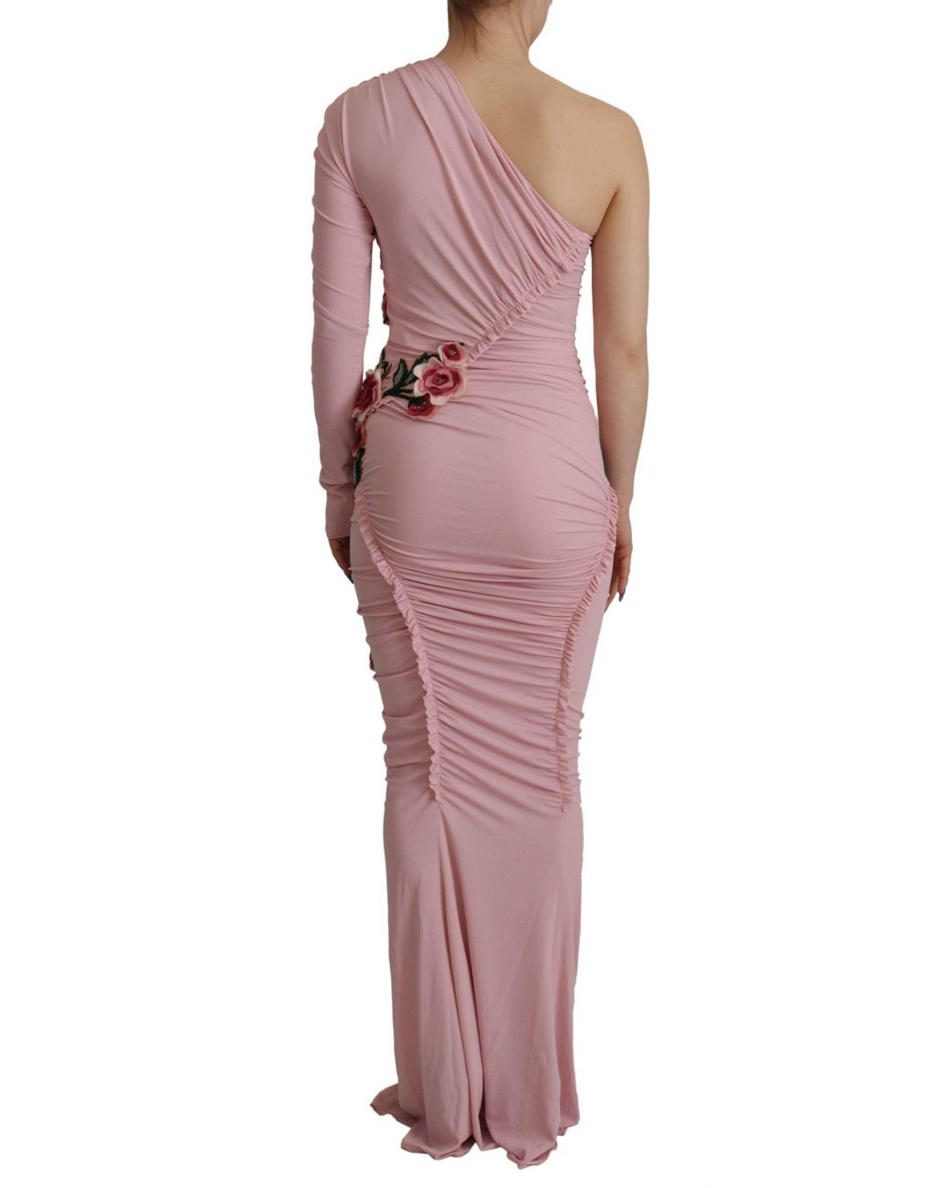Dolce & Gabbana Pink Flower Embellished One Shoulder Dress Rayon