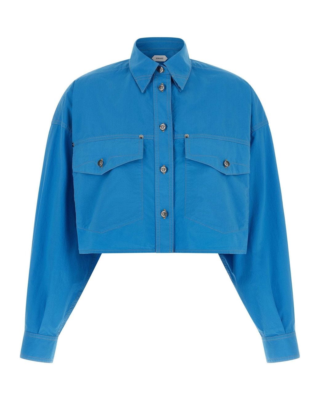 Versace Blue Medusa-Button Cotton Poplin Shirt