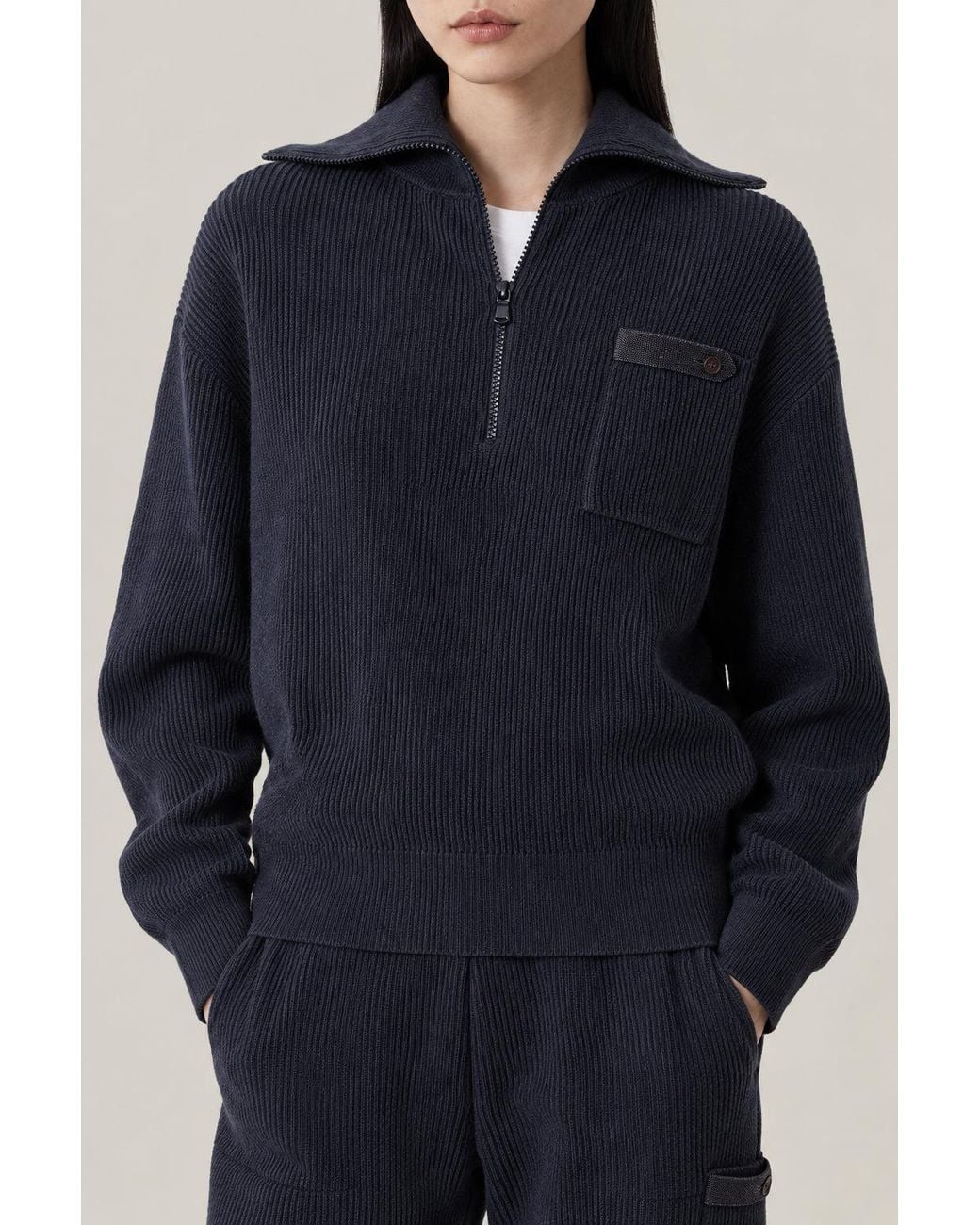 Brunello Cucinelli Blue Night Sky Half Zip Ribbed Cotton Sweater Clothing