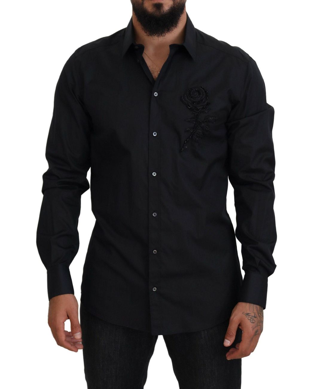 Dolce & Gabbana Black Roses Slim Fit Cotton Shirt for men