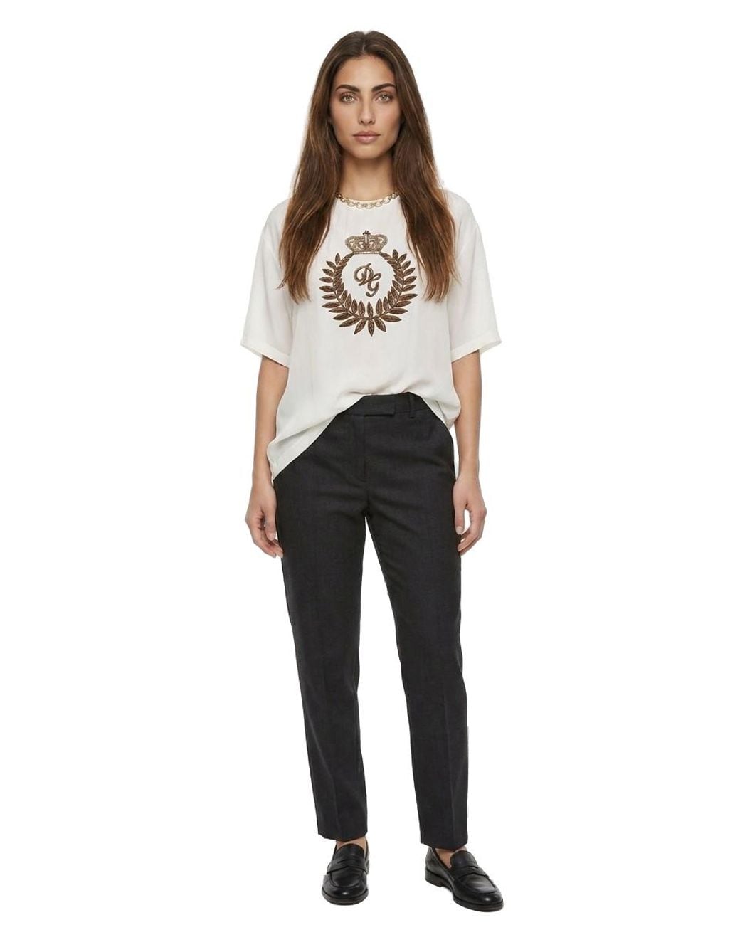 Dolce & Gabbana White Dolce & Gabbana Logo-Embroidered Silk T-Shirt