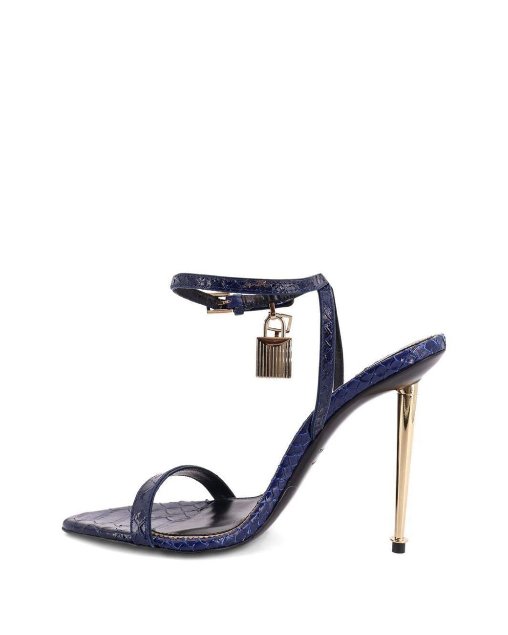 Tom Ford Blue Padlock Python-Embossed Calf Leather Sandals With Golden Metal Padlock And Spike Heel