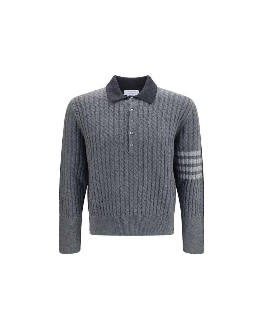 Thom Browne Gray Thom Browne 4-Bar Cable-Knit Merino Wool Polo Shirt for men