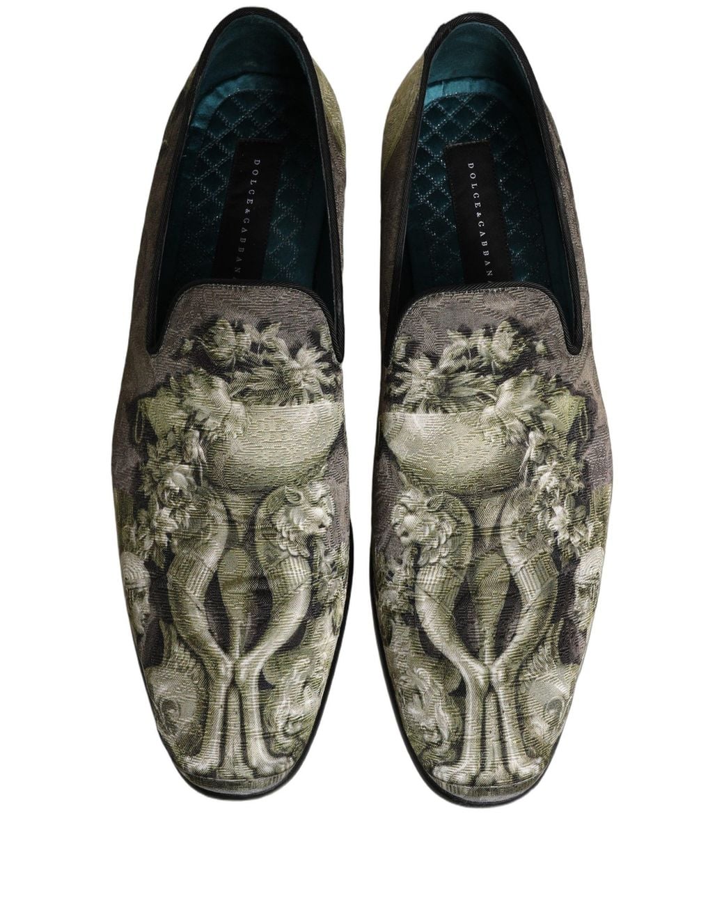 Dolce & Gabbana Green Baroque Print Slip On Loafers Shoes Leather for men