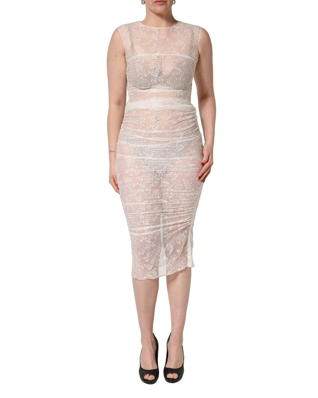 Dolce & Gabbana Pink Floral Lace Sheer Sleeveless Midi Dress