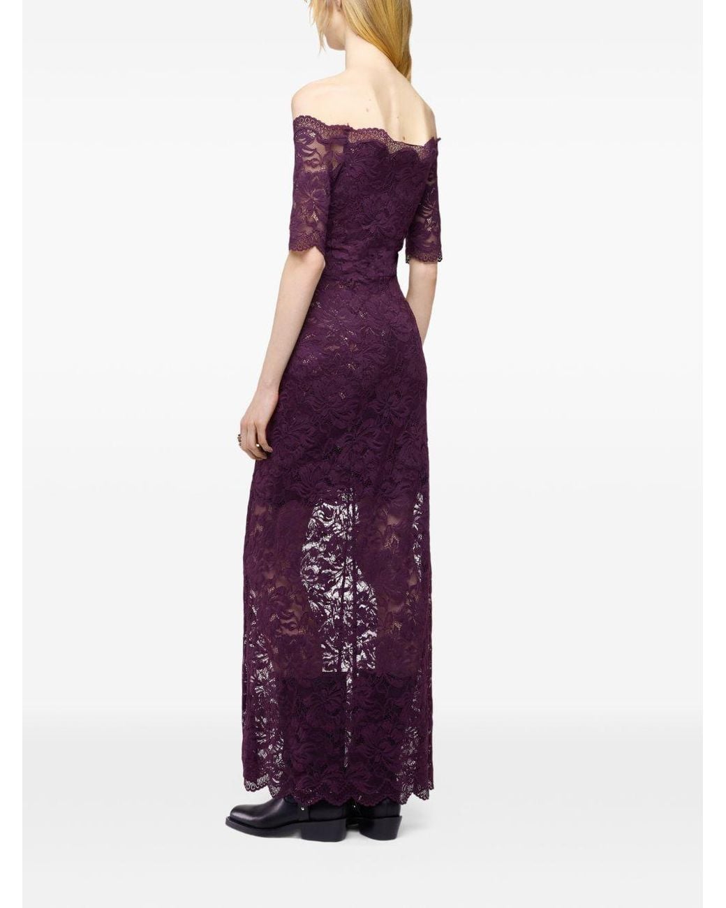 Rabanne Purple Floral Stretch Lace Layered Off-The-Shoulder Short-Sleeved Maxi Dress
