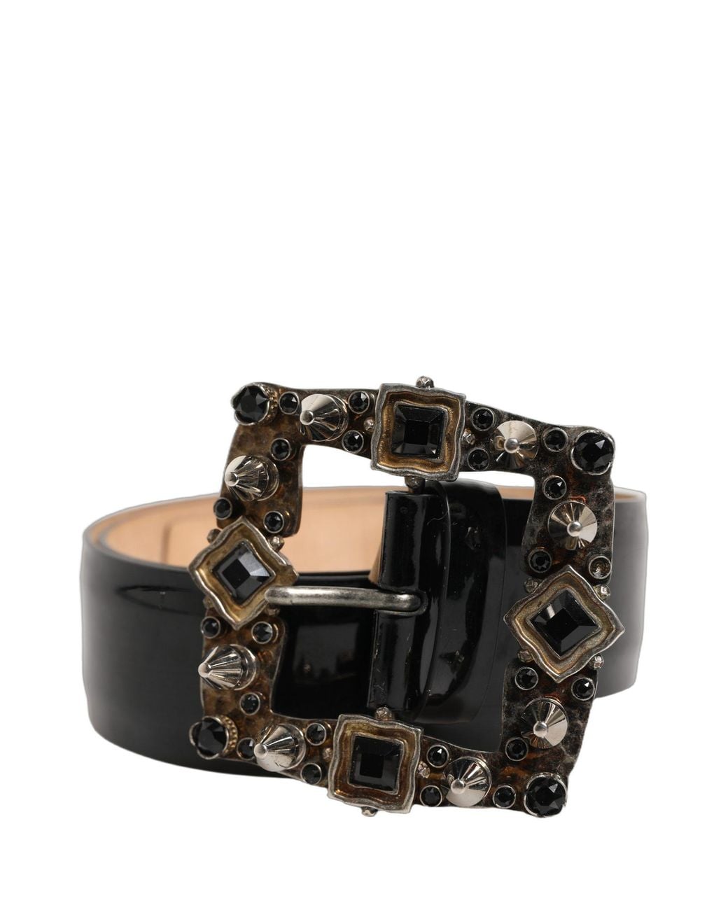 Dolce & Gabbana Black Leather Crystal Metal Buckle Belt