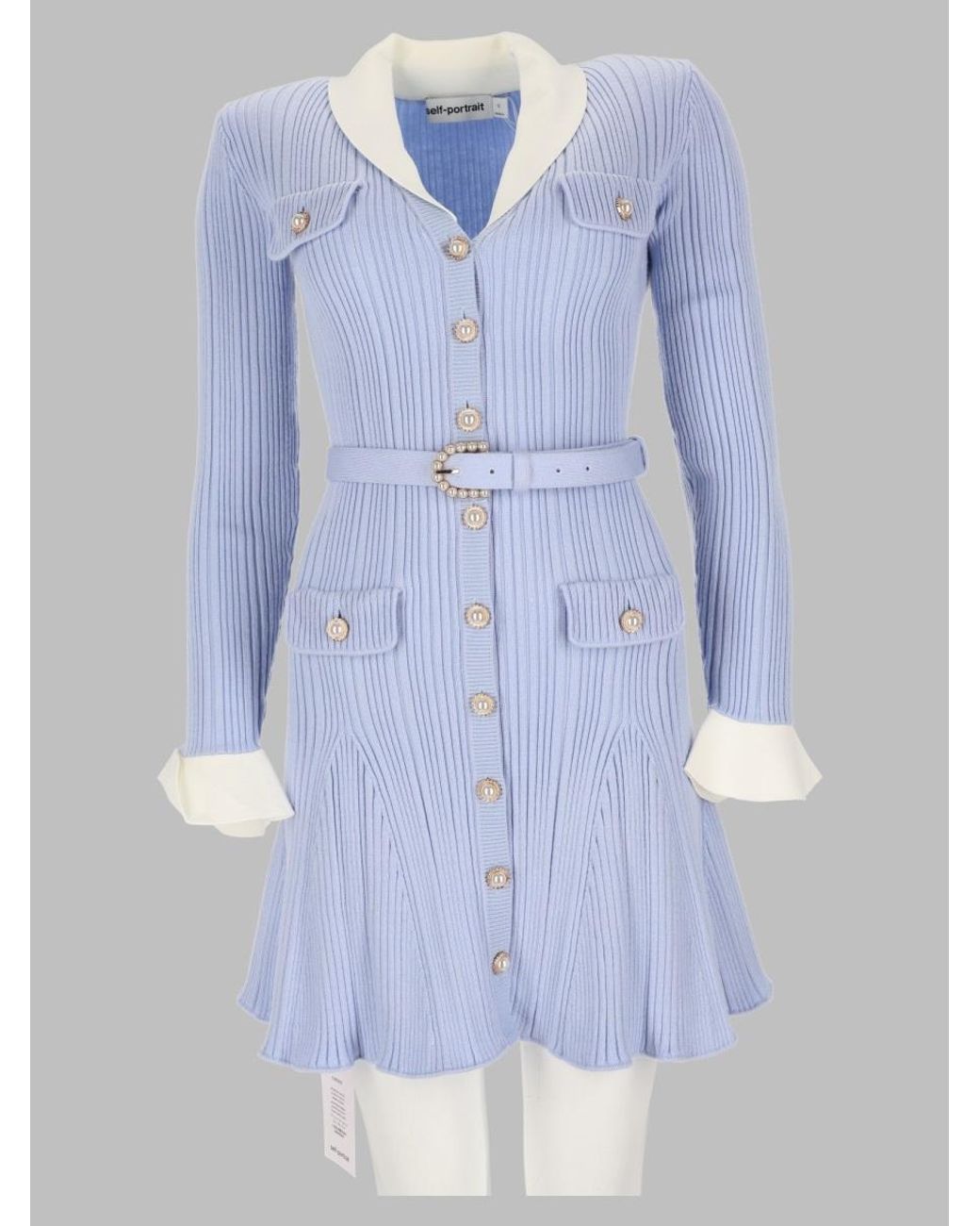 Self-Portrait Blue Ribbed Mini Dress Polyamide