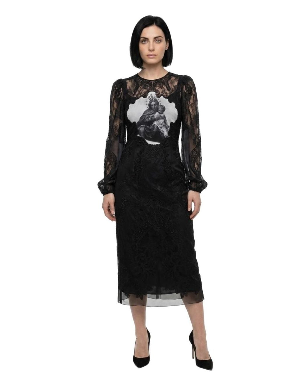 Dolce & Gabbana Black Dolce & Gabbana Lace Insert Graphic Dress