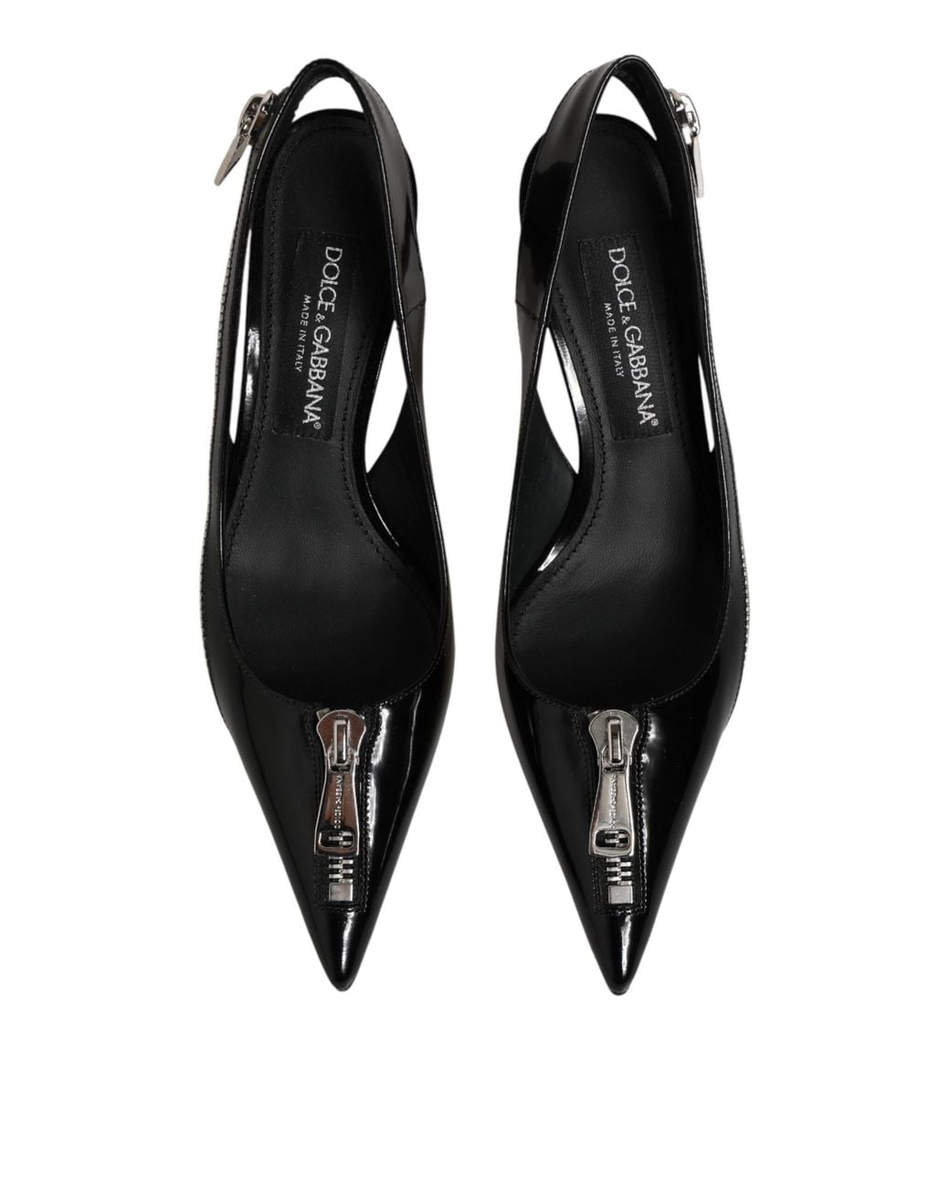 Dolce & Gabbana Black Zipper Leather Heels Slingbacks Shoes 100Lf