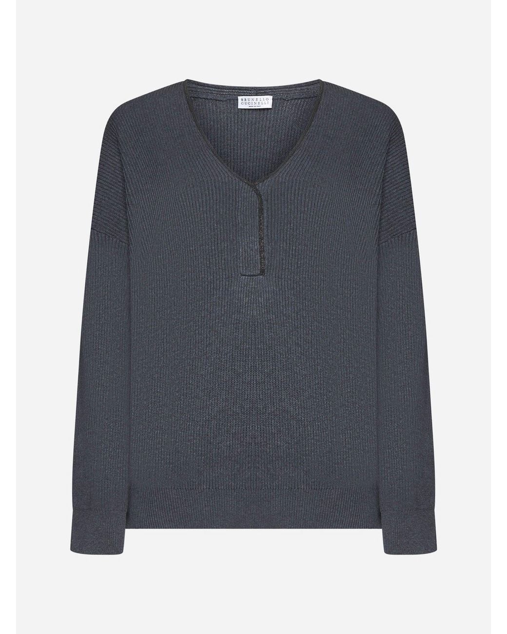 Brunello Cucinelli Blue Lead Ribbed Knit V Neck Sweater Clothing