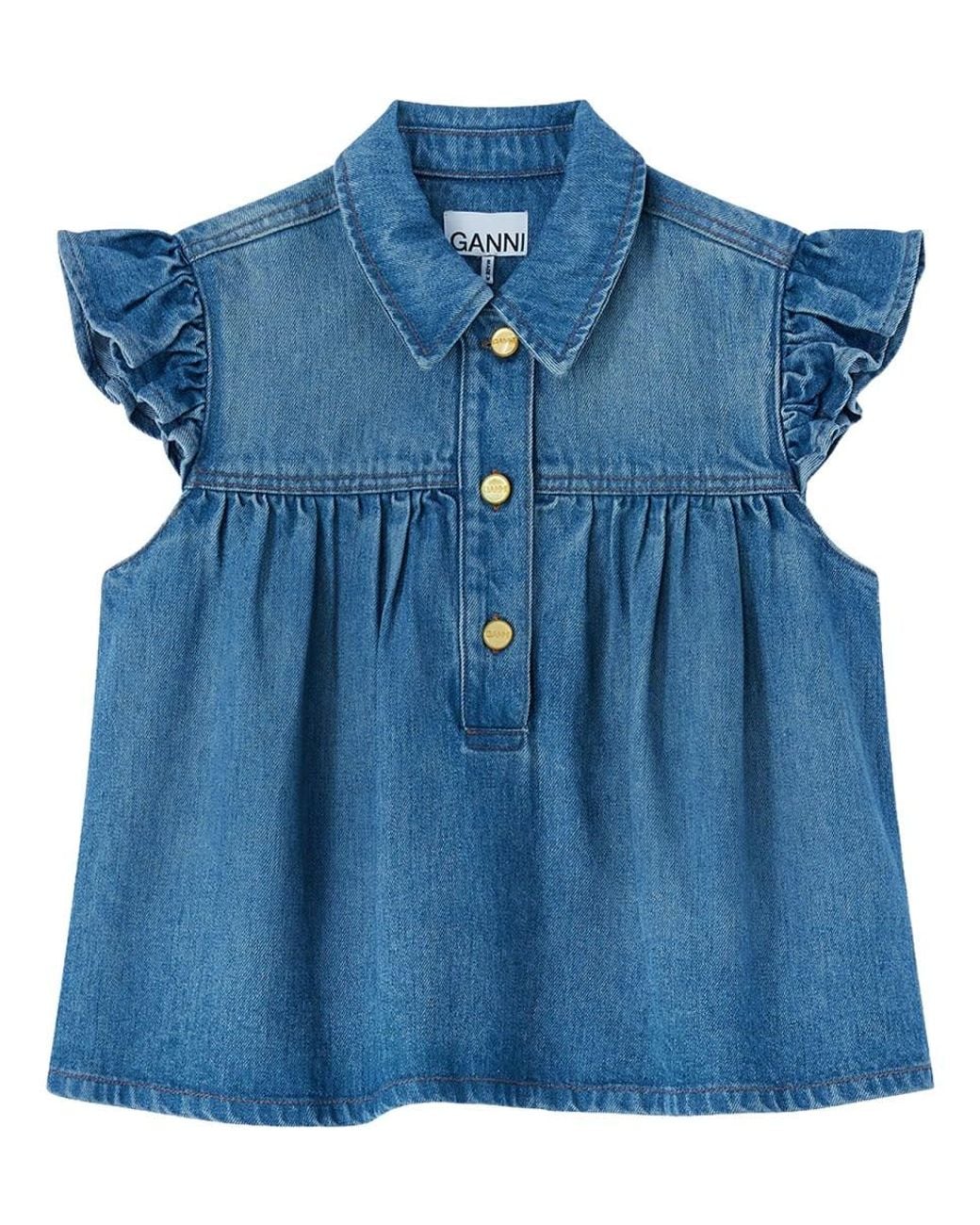 Ganni Blue Denim Ruffle Top