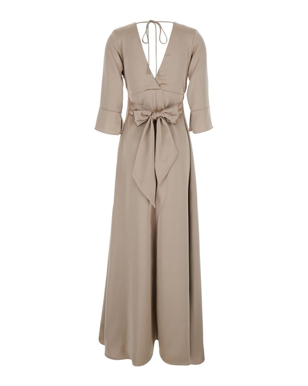 Le Plain Natural Maxi Dress With Front And Rear V Neck Bow On The