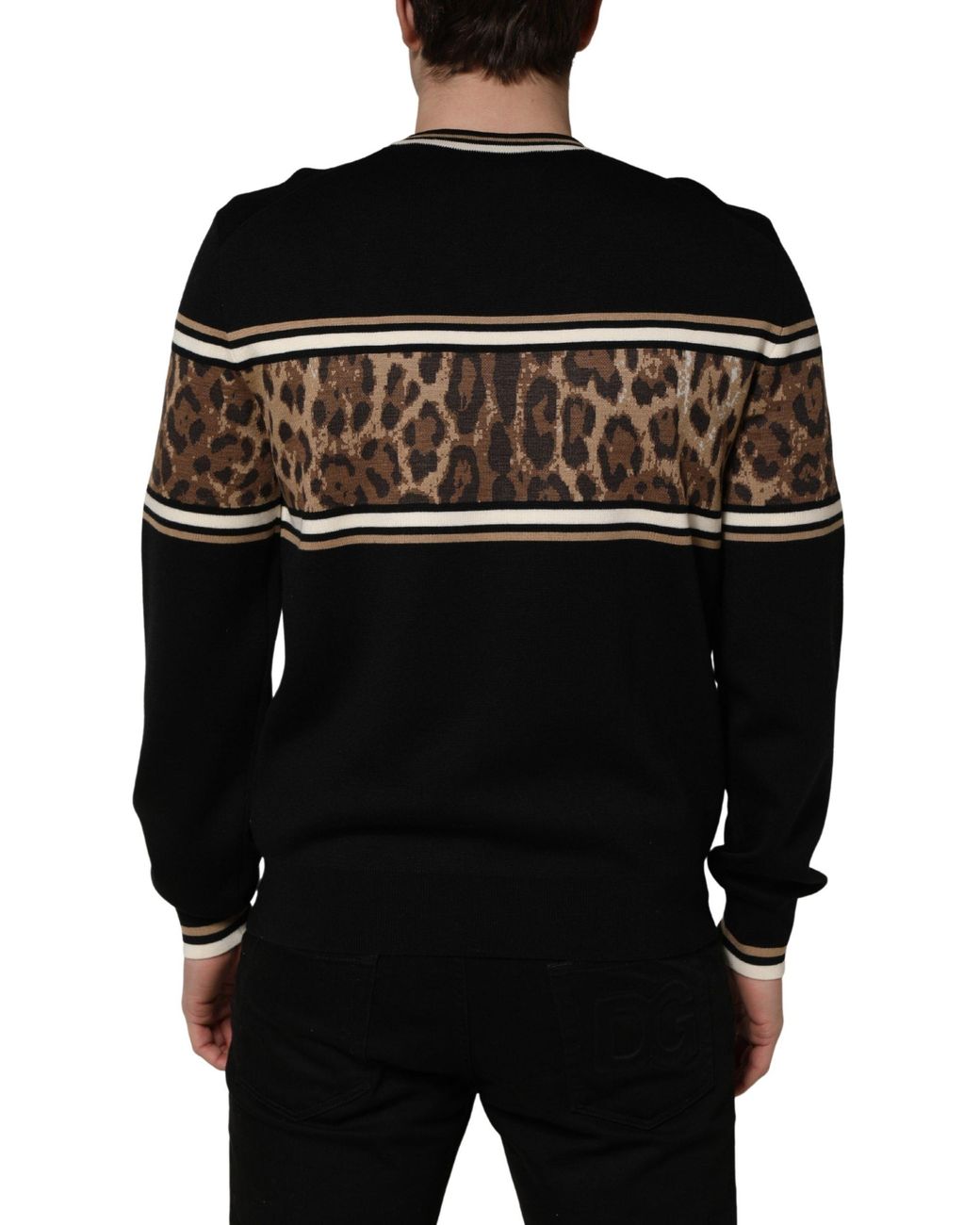 Dolce & Gabbana Black Leopard Wool Crew Neck Pullover Sweater Virgin Nylon Clothing for men