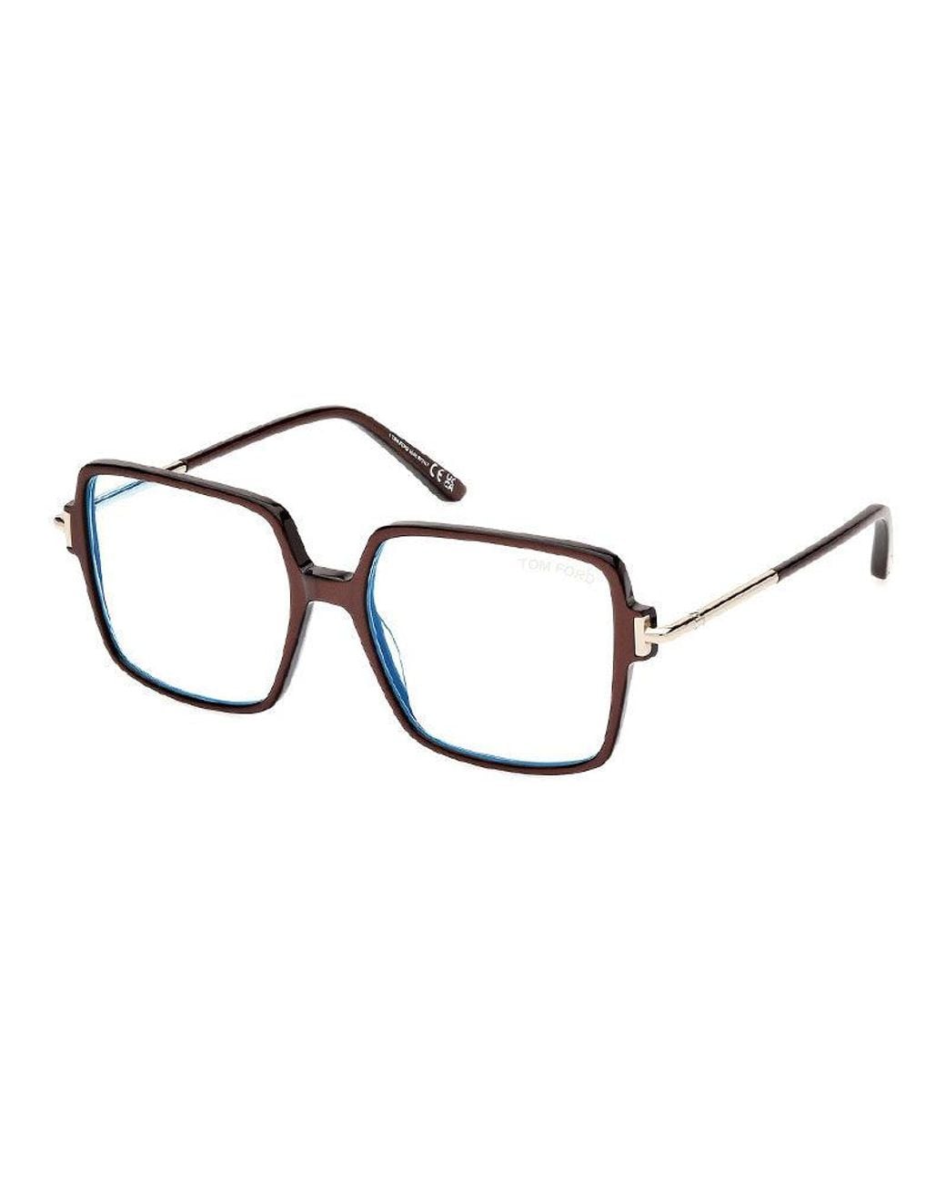 Tom Ford Metallic Eyeglasses Square Full Rim, Shiny Light Frame And Clear Light Block Lens Ft5915-B045
