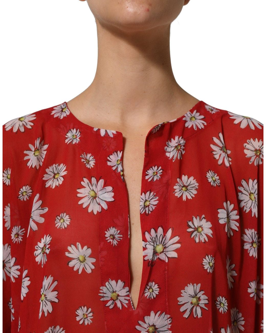 Dolce & Gabbana Red Floral V-Neck Polyester Kaftan Blouse Top