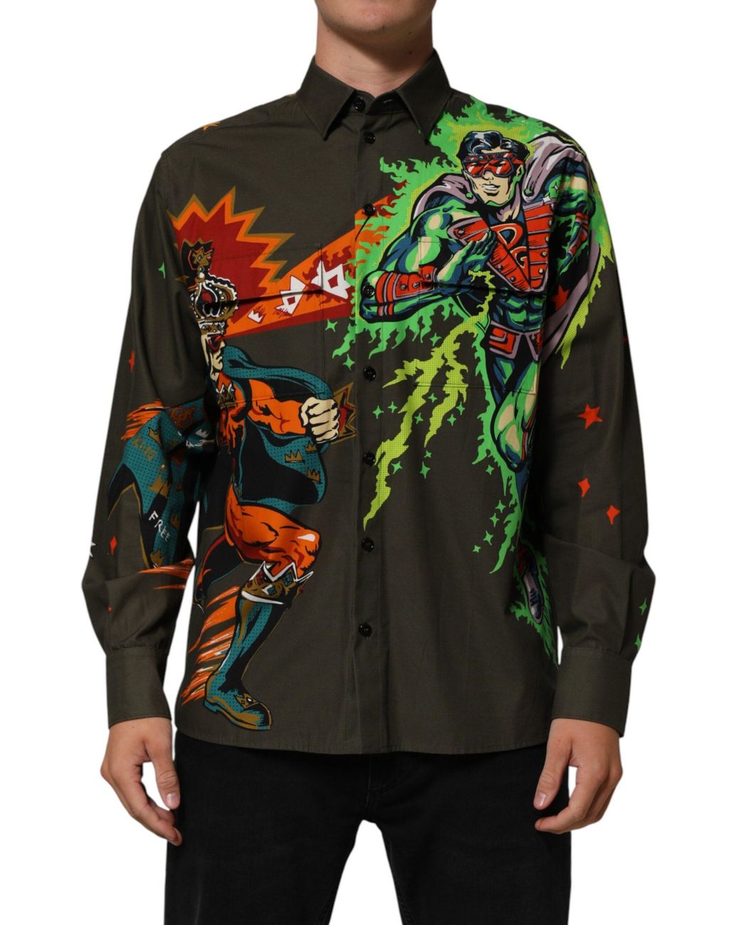 Dolce & Gabbana Black Superhero Print Button Down Shirt for men