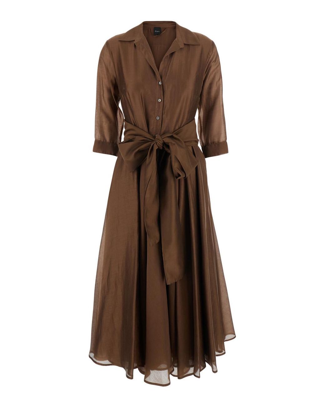Le Plain Brown Long Dress With Adjustable Waist Belt And Cuban Collar