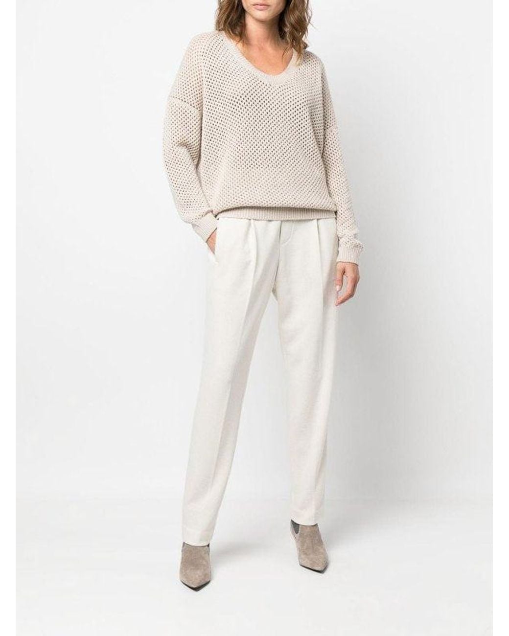 Brunello Cucinelli White Warm Wool Blend Tapered Trousers