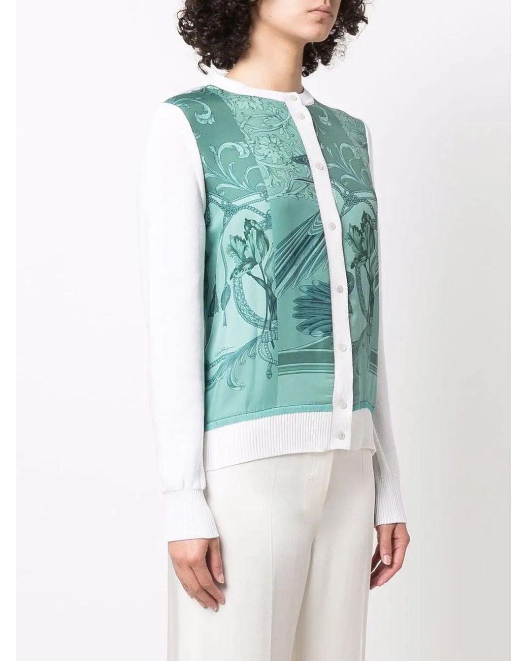 Ferragamo Green Floral-Print Buttoned Cardigan