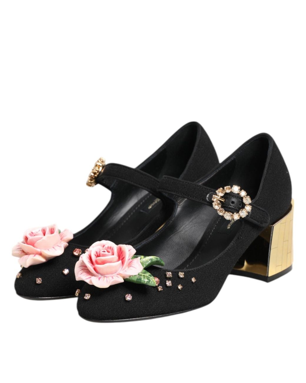 Dolce & Gabbana Black Flower Crystal Embellished Mary Jane Shoes Wool Rayon Goat Skin