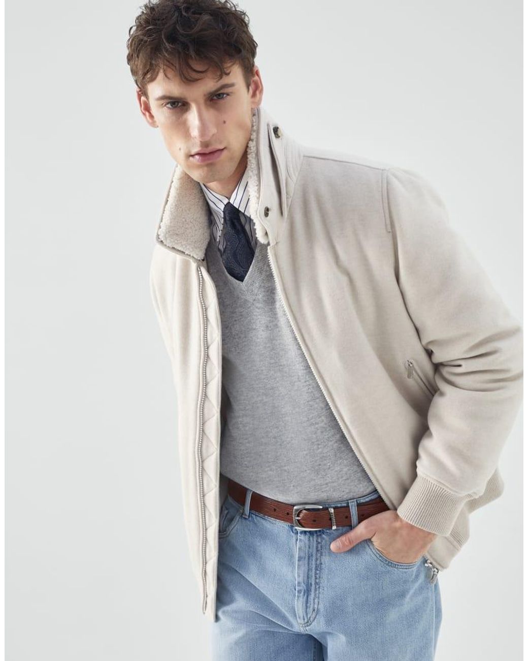 Brunello Cucinelli Blue Wool Bomber Jacket Clothing for men