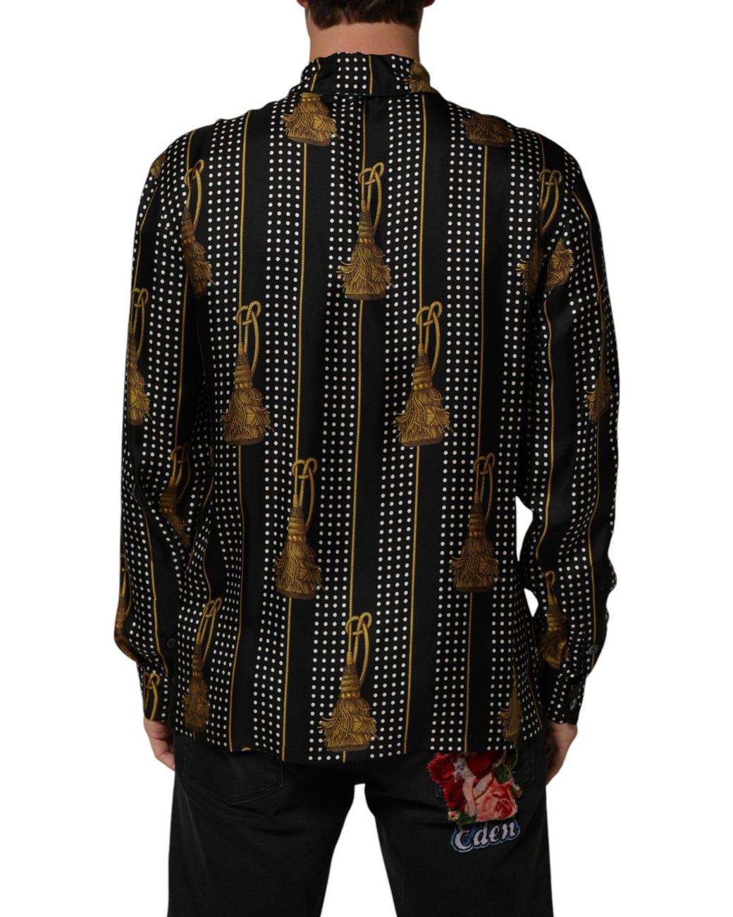 Dolce & Gabbana Black Dotted Tassel Silk Button Down Shirt for men
