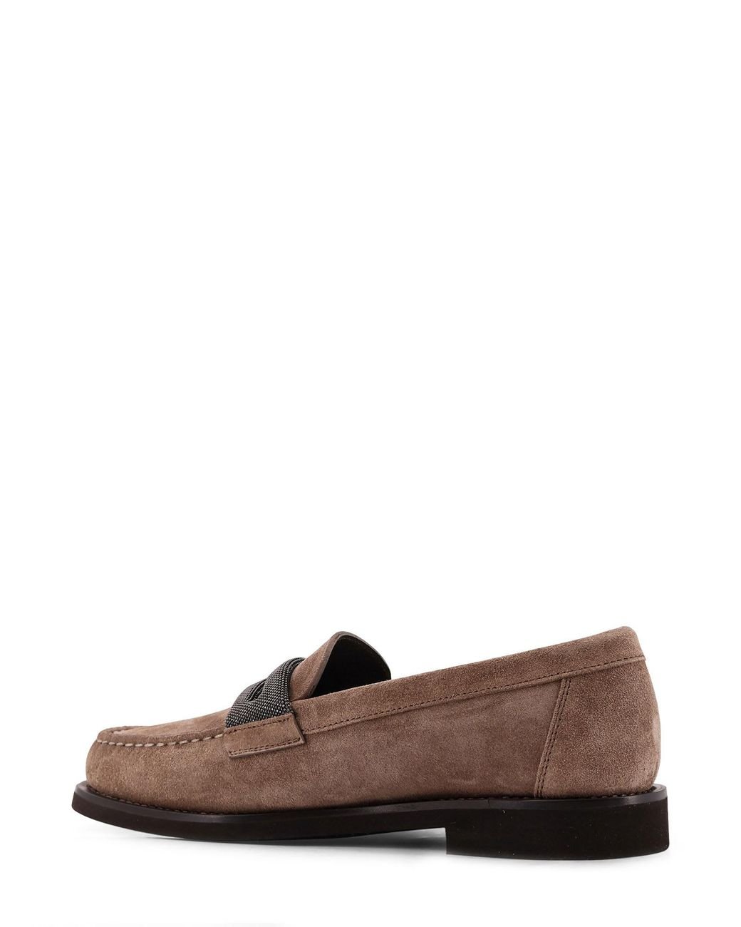 Brunello Cucinelli Brown Suede Lofers With Monili Detail