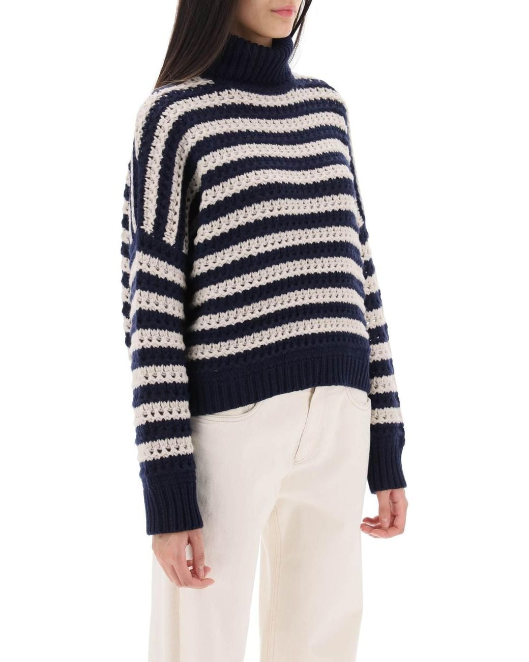 Brunello Cucinelli Blue Striped Sweater In Wool And Cashmere
