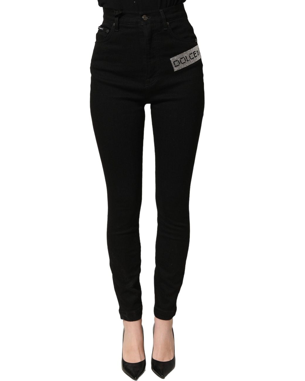 Dolce & Gabbana Black Grace Rhinestone Highwaist Denim Jeans Cotton Elastane Clothing