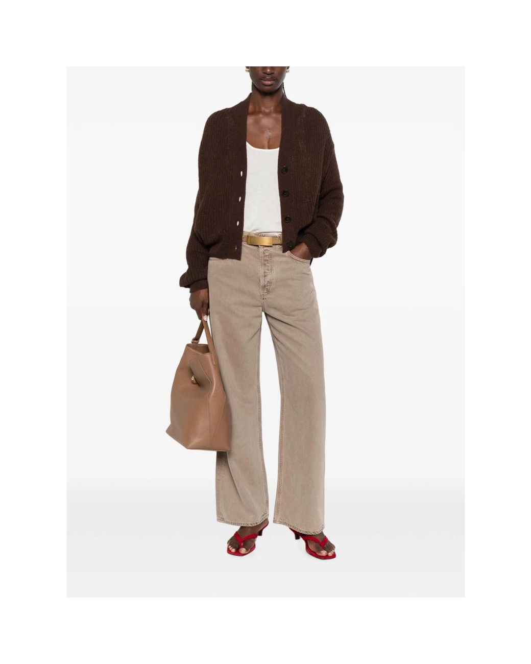 Closed Brown Ribbed-Knit V-Neck Cardigan